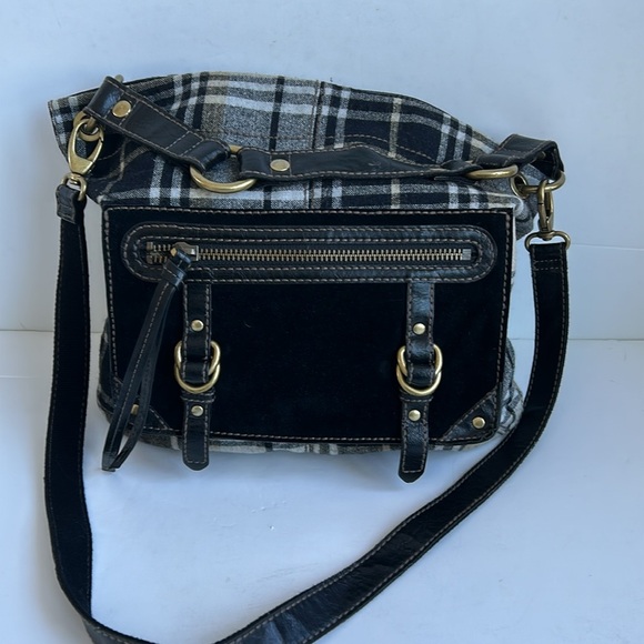 Fossil black plaid suede zip pocket shoulder bag crossbody gold hardware - Picture 1 of 16